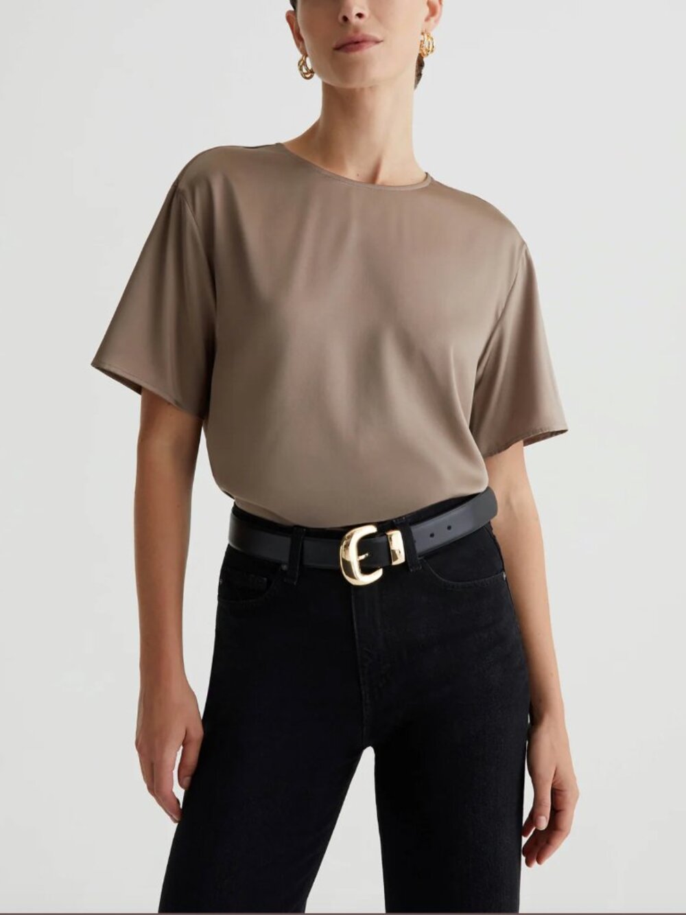 AG Nari Luxe Silk Relaxed Crew Neck T-Shirt in Brooklyn Taupe
